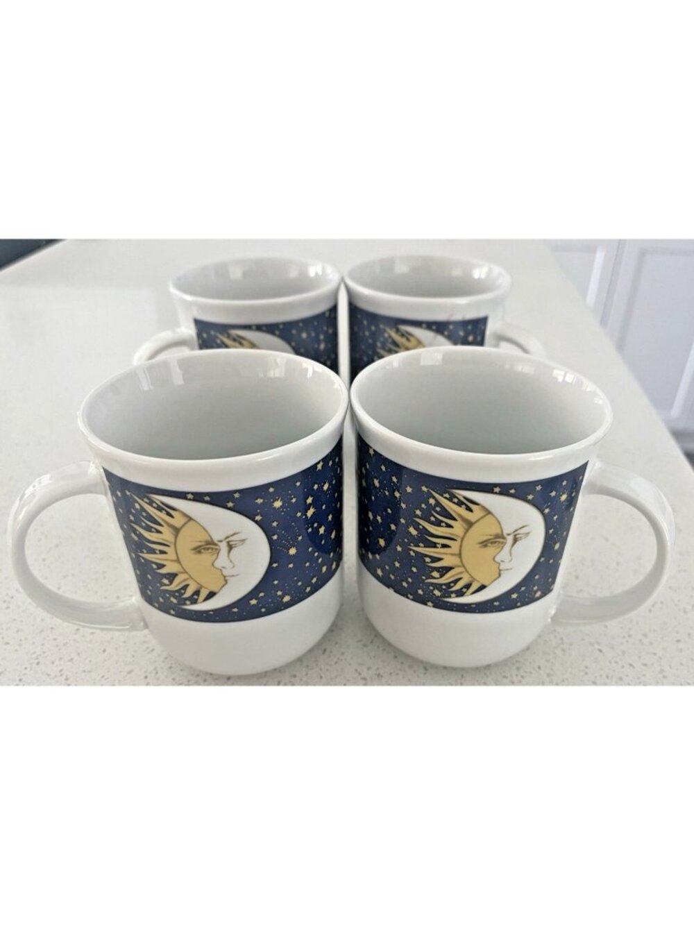 Vtg Oneida Galaxy Sun Moon Stars Stoneware Mugs Set of 4 Celestial Whimsigoth